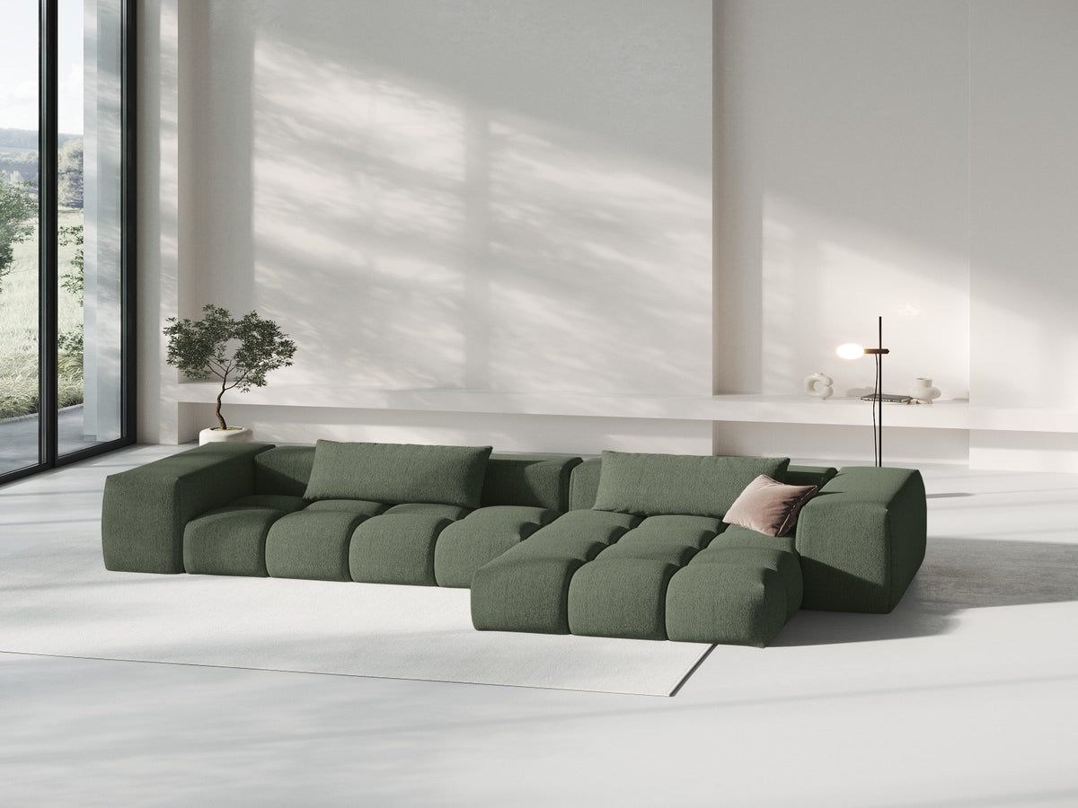 Modulares Ecksofa Verona rechts mit 3 Sitzplätzen, bezogen mit beigem Sorella-Strukturstoff, schwarze Kunststoffbeine, Massivholzrahmen sichtbar