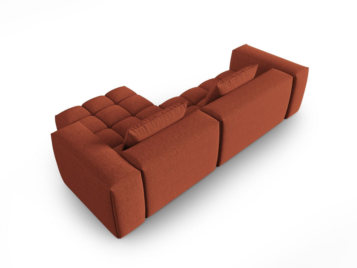 Modulares Ecksofa Verona rechts mit 3 Sitzplätzen, bezogen mit beigem Sorella-Strukturstoff, schwarze Kunststoffbeine, Massivholzrahmen sichtbar