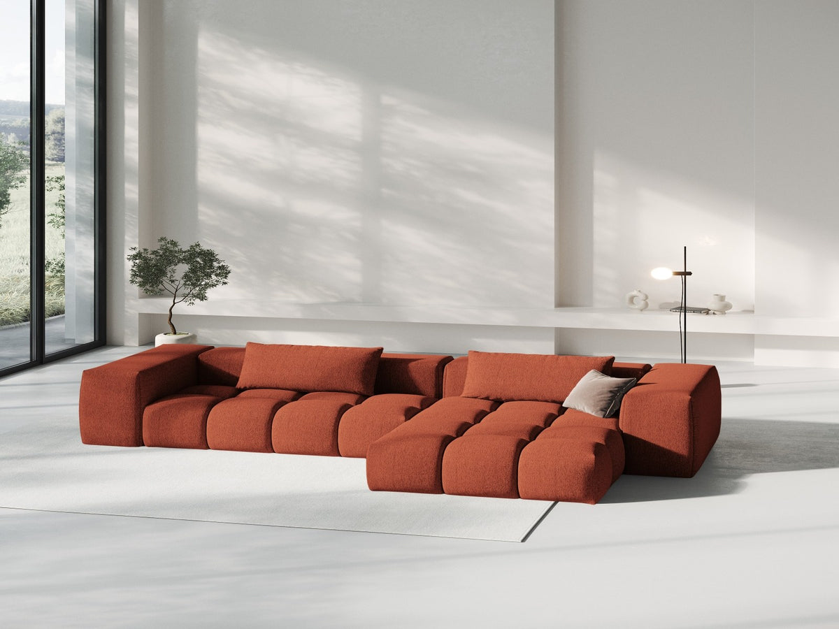 Modulares Ecksofa Verona rechts mit 3 Sitzplätzen, bezogen mit beigem Sorella-Strukturstoff, schwarze Kunststoffbeine, Massivholzrahmen sichtbar