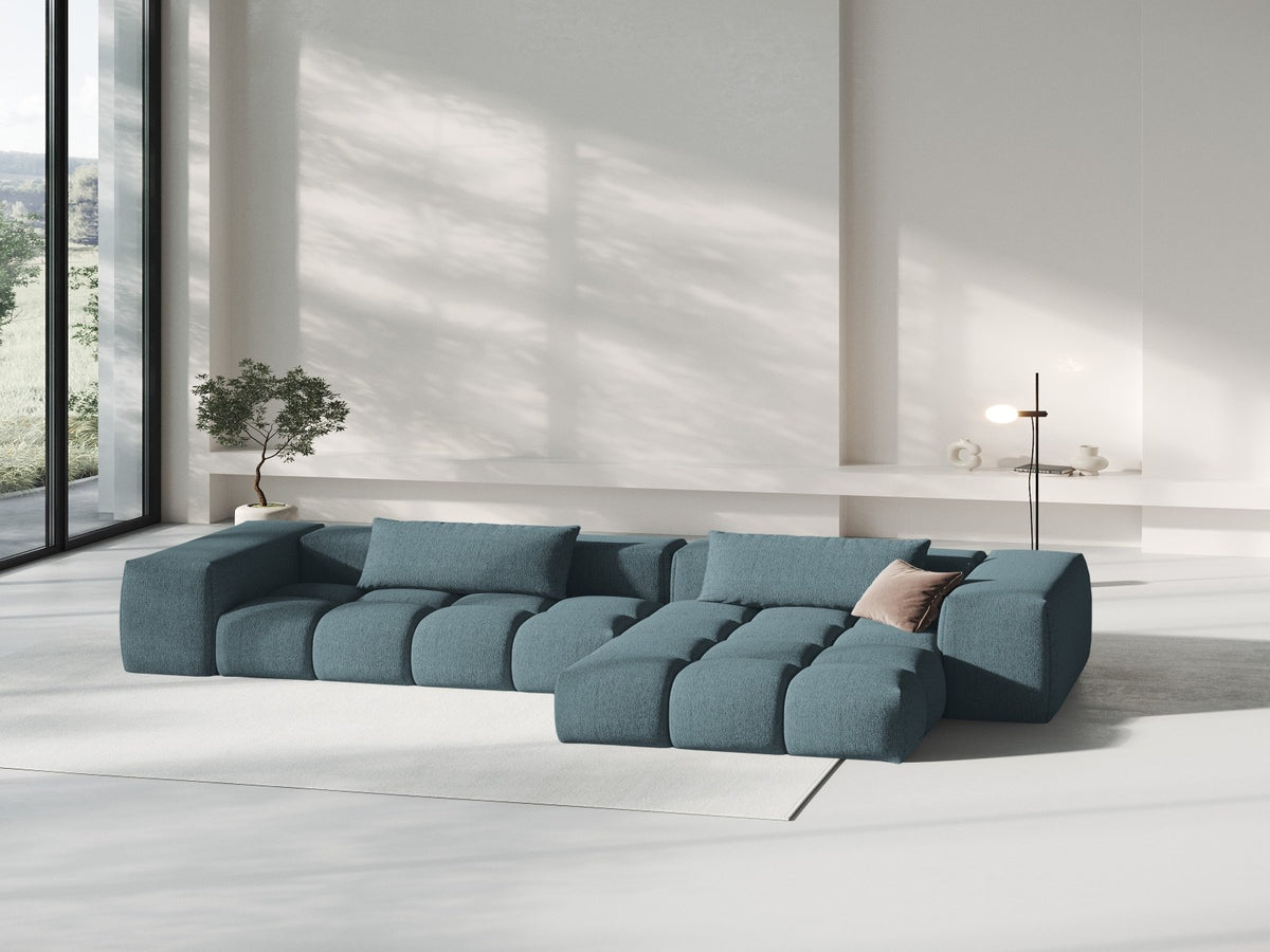 Modulares Ecksofa Verona rechts mit 3 Sitzplätzen, bezogen mit beigem Sorella-Strukturstoff, schwarze Kunststoffbeine, Massivholzrahmen sichtbar