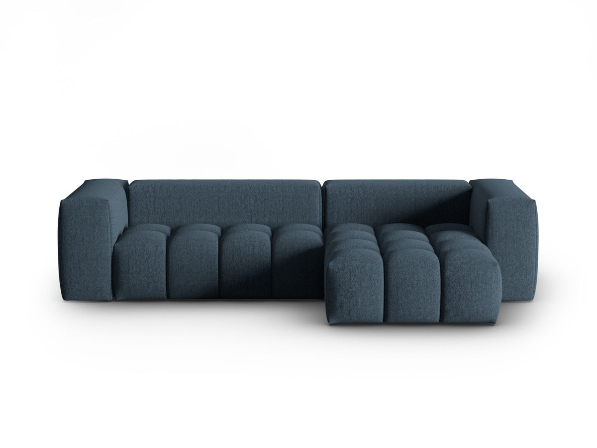 Modulares Ecksofa Verona rechts mit 3 Sitzplätzen, bezogen mit beigem Sorella-Strukturstoff, schwarze Kunststoffbeine, Massivholzrahmen sichtbar