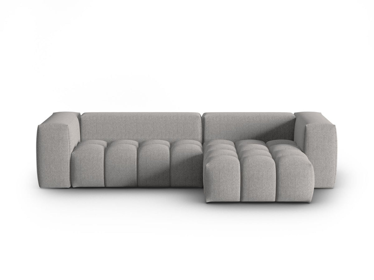 Modulares Ecksofa Verona rechts mit 3 Sitzplätzen, bezogen mit beigem Sorella-Strukturstoff, schwarze Kunststoffbeine, Massivholzrahmen sichtbar