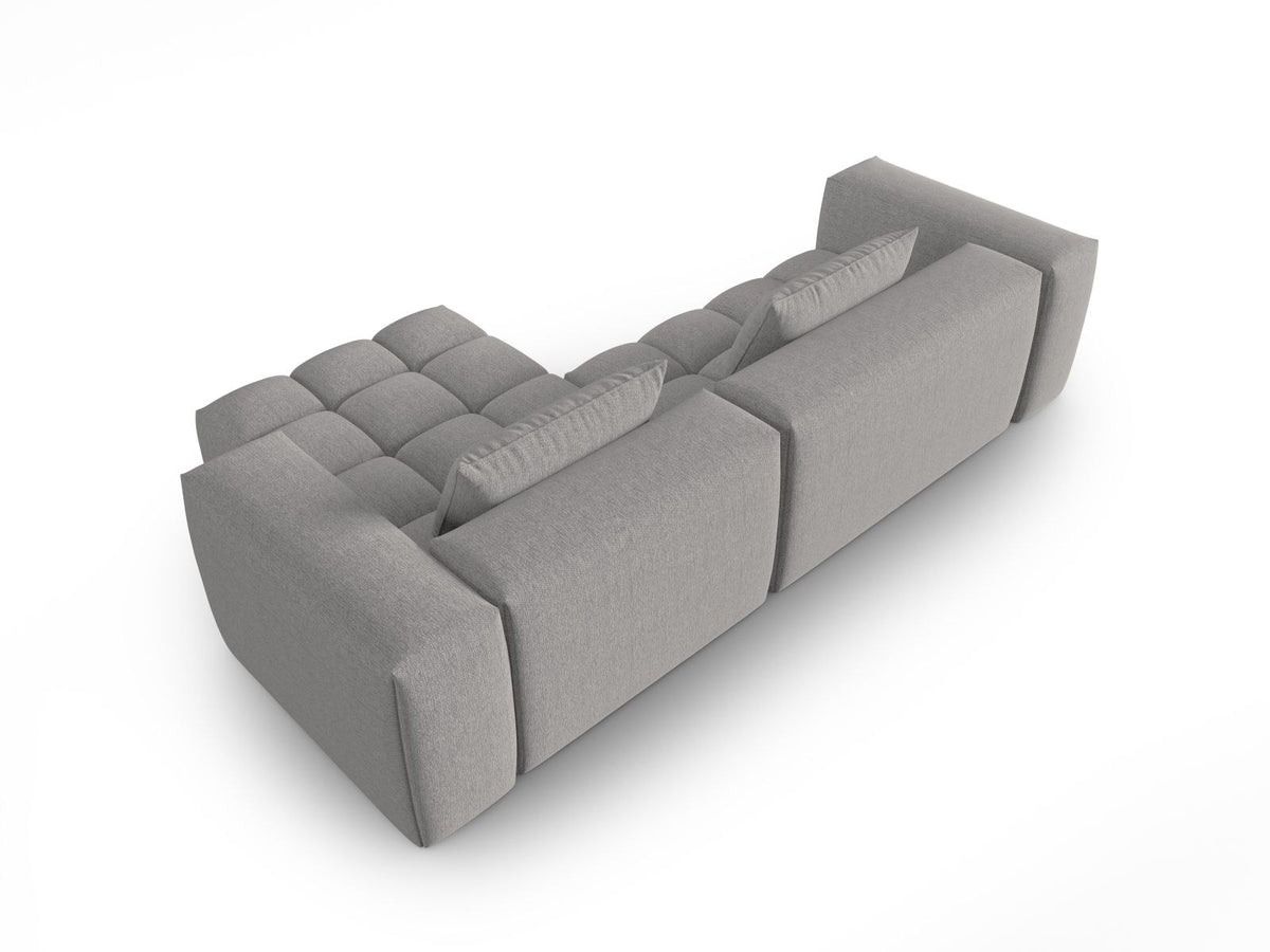 Modulares Ecksofa Verona rechts mit 3 Sitzplätzen, bezogen mit beigem Sorella-Strukturstoff, schwarze Kunststoffbeine, Massivholzrahmen sichtbar