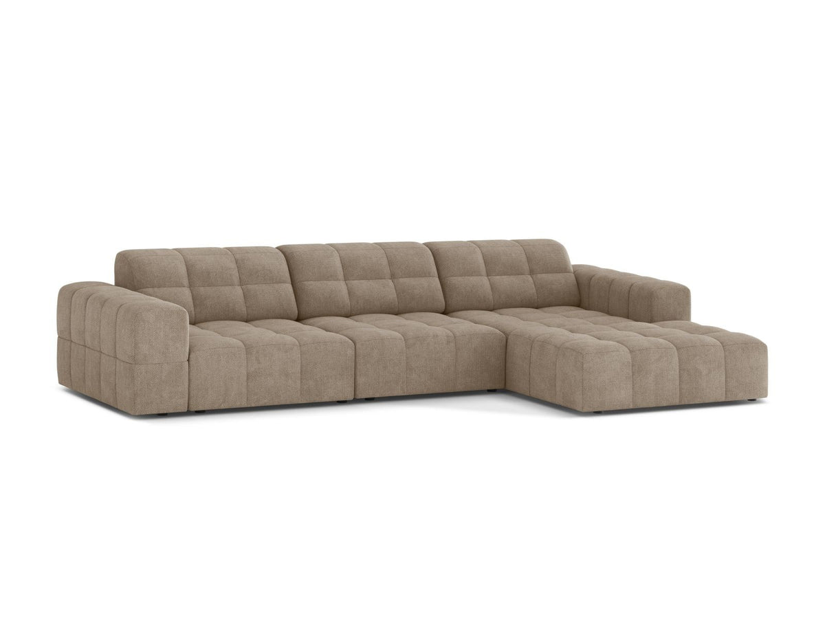 Cosmopolitan Design Chicago Ecksofa rechts, 4-Sitzer, Bezug Eden-Stoff in Light Beige, Massivholzrahmen, schwarze Kunststoffbeine, Récamiere rechts.