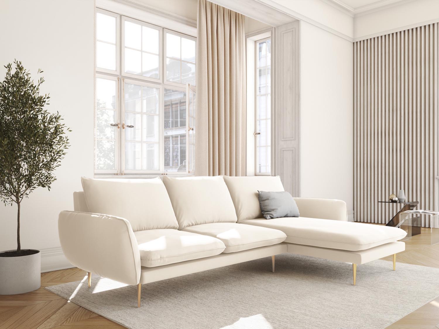 Vienna Velour Ecksofa rechts 5 Sitzer 170cm in Light Beige/Gold-Bluvel präsentiert im Onlineshop von KAQTU Design AG. Ecksofa rechts ist von Cosmopolitan Design
