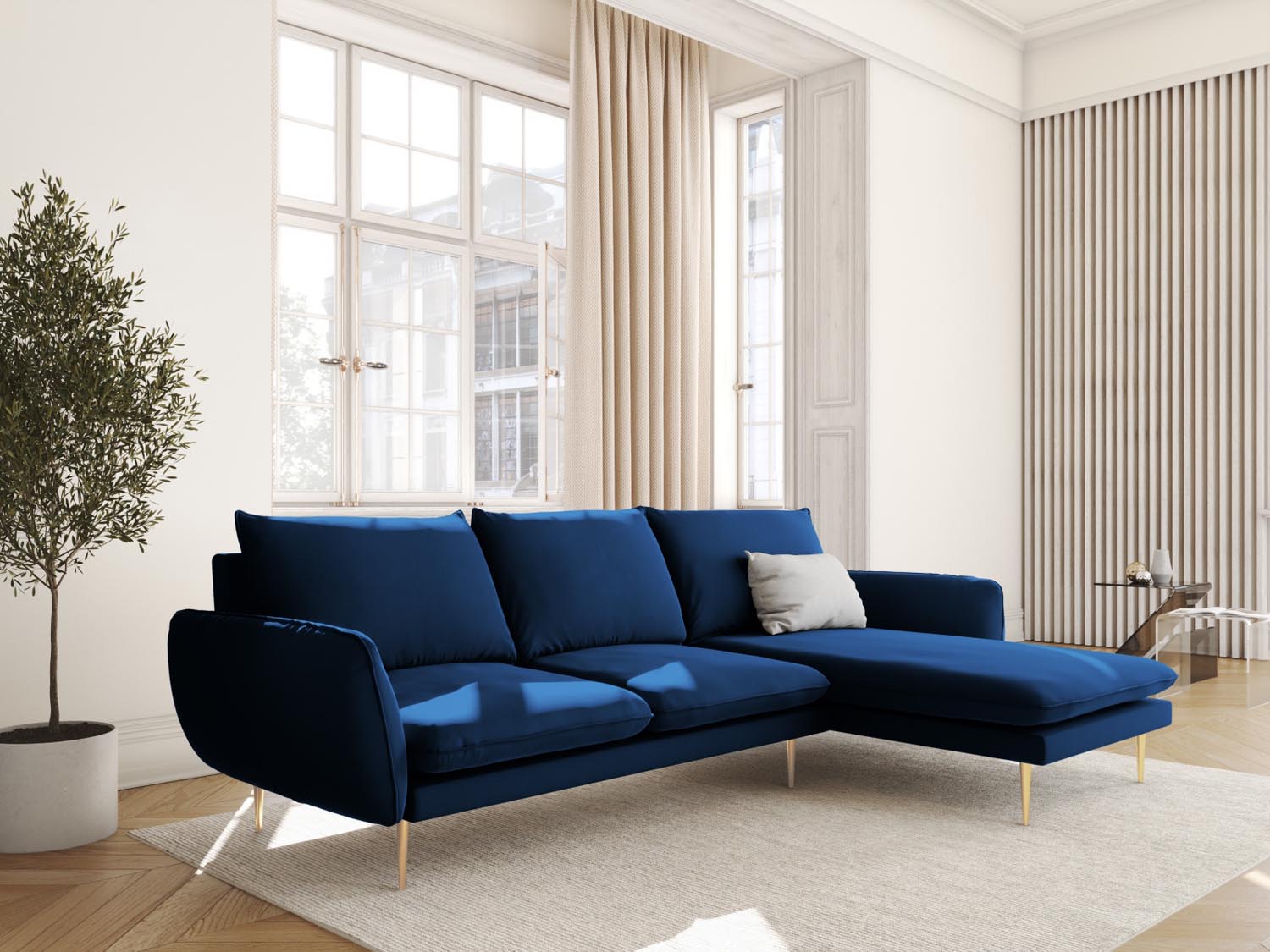 Vienna Velour Ecksofa rechts 5 Sitzer 170cm in Royal Blue/Gold-Bluvel präsentiert im Onlineshop von KAQTU Design AG. Ecksofa rechts ist von Cosmopolitan Design