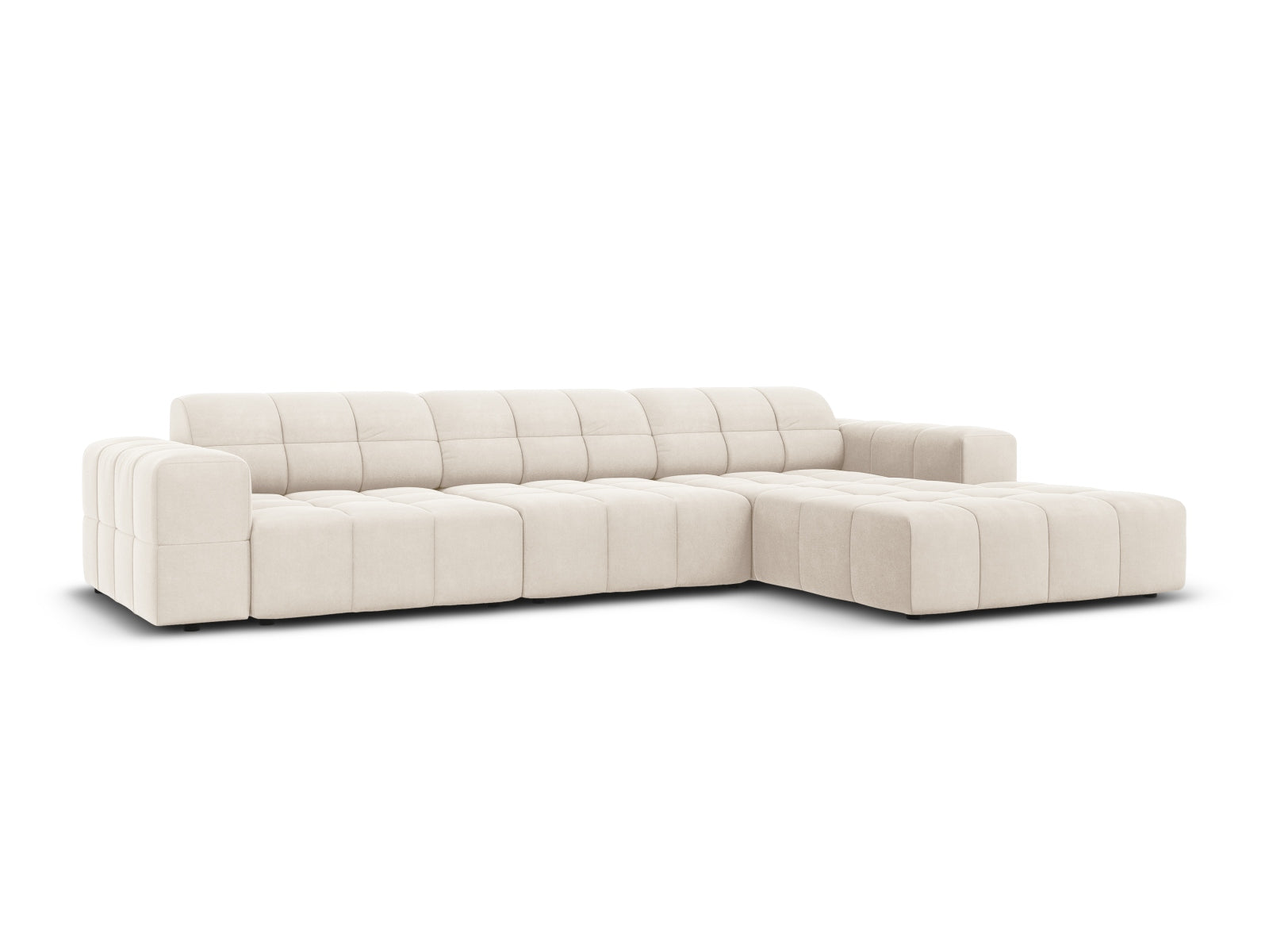 Elegantes Chicago Velour Ecksofa in Light Beige-Bluvel, 4-Sitzer, 166cm, ideal für stilvolle Wohnräume, erhältlich bei KAQTU Design AG.