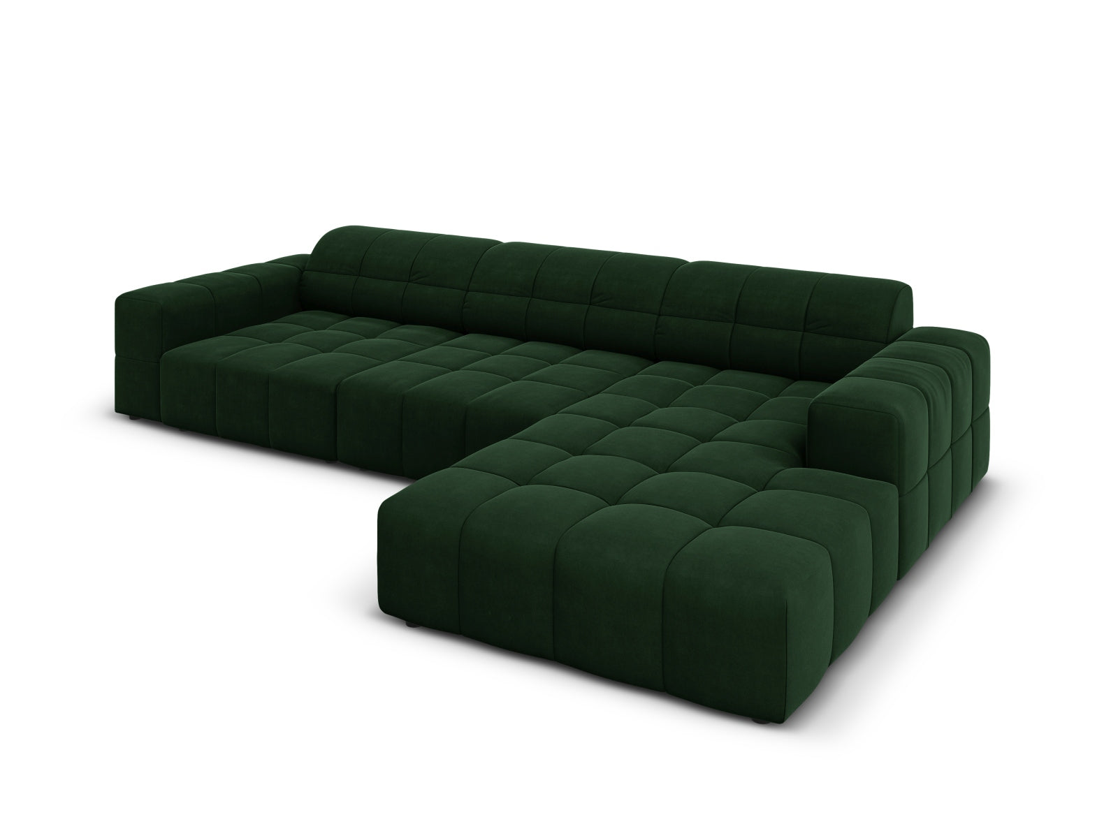Modernes Chicago Velour Ecksofa in edlem Bottle Green-Bluvel, 4-Sitzer, 166cm, perfekt für gemütliche und stilvolle Wohnambiente.