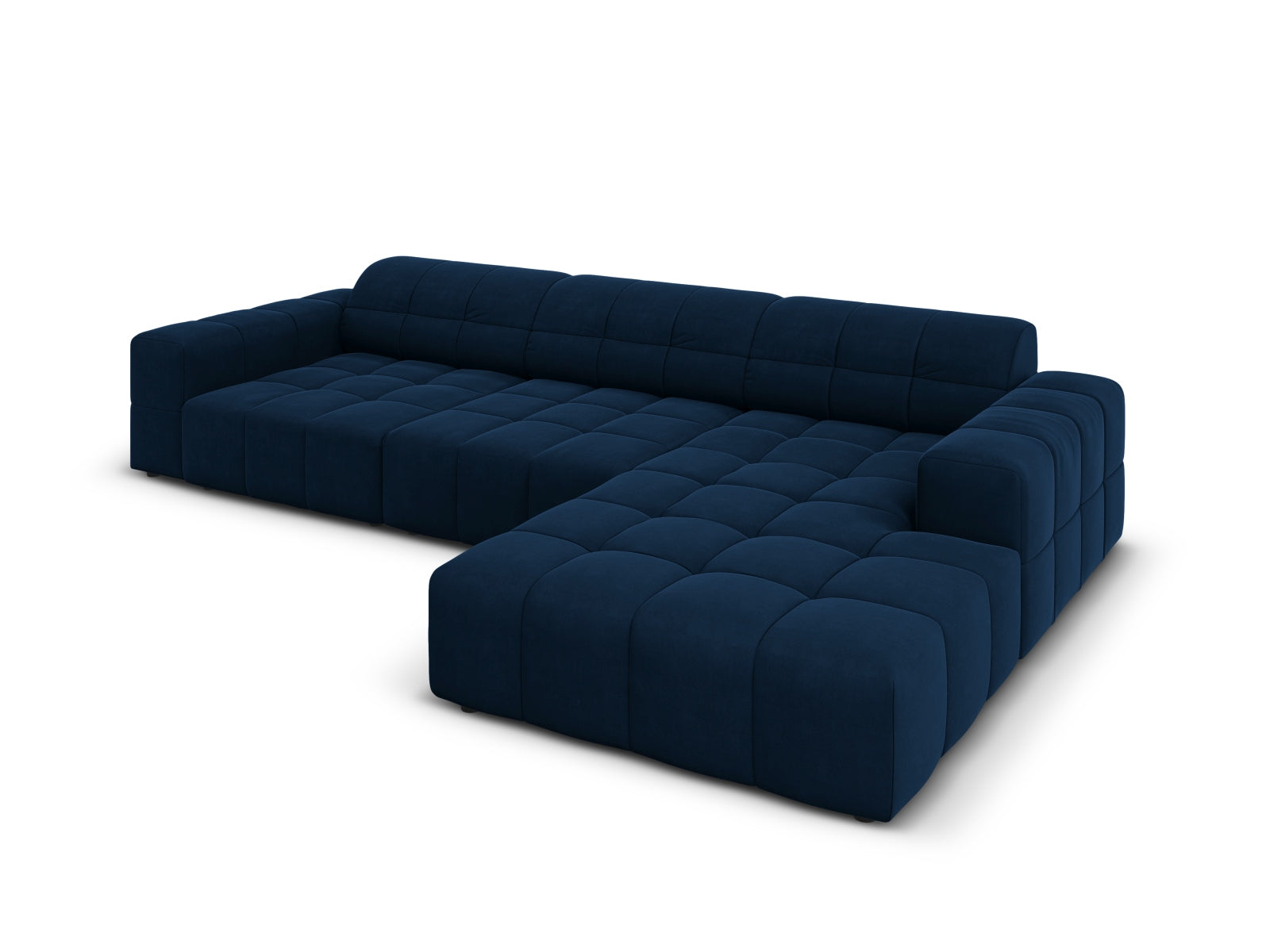Stylisches Chicago Velour Ecksofa in Royal Blue, 4-Sitzer, 166 cm, perfekt für moderne Wohnzimmer, erhältlich bei Cosmopolitan Design.