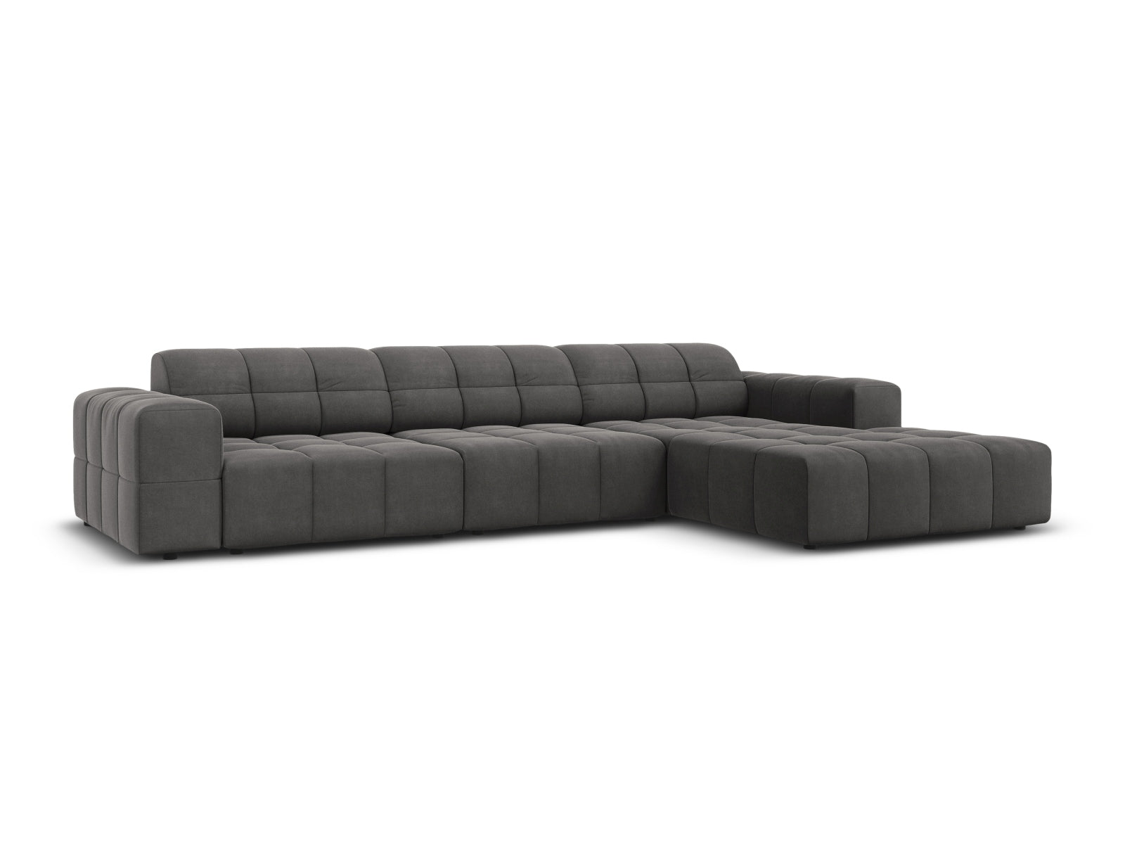 Elegantes Chicago Velour Ecksofa in Grau-Blau, 4-Sitzer, 166 cm, ideal für stilvolle Wohnräume, erhältlich bei KAQTU Design AG.