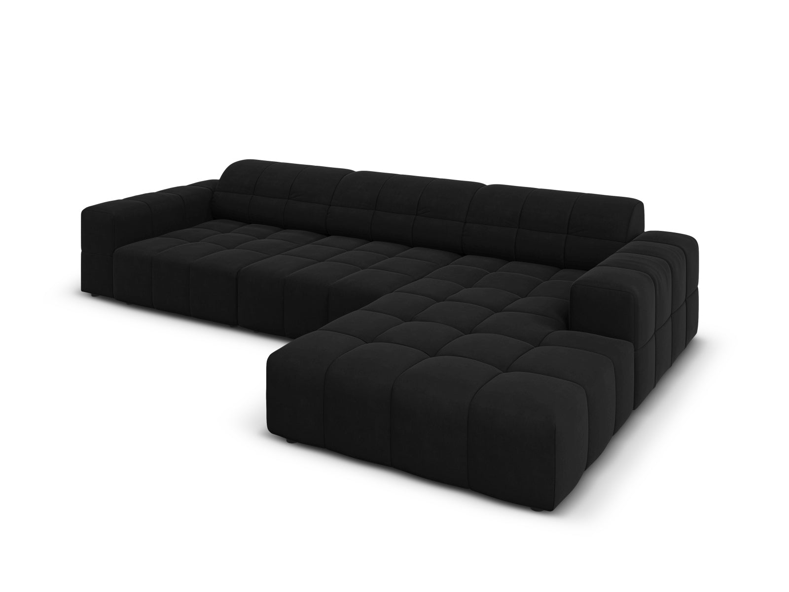 Modernes Chicago Velour Ecksofa in Schwarz-Bluvel, 4-Sitzer, 166 cm, perfekt für gemütliche und stilvolle Wohnzimmergestaltung.