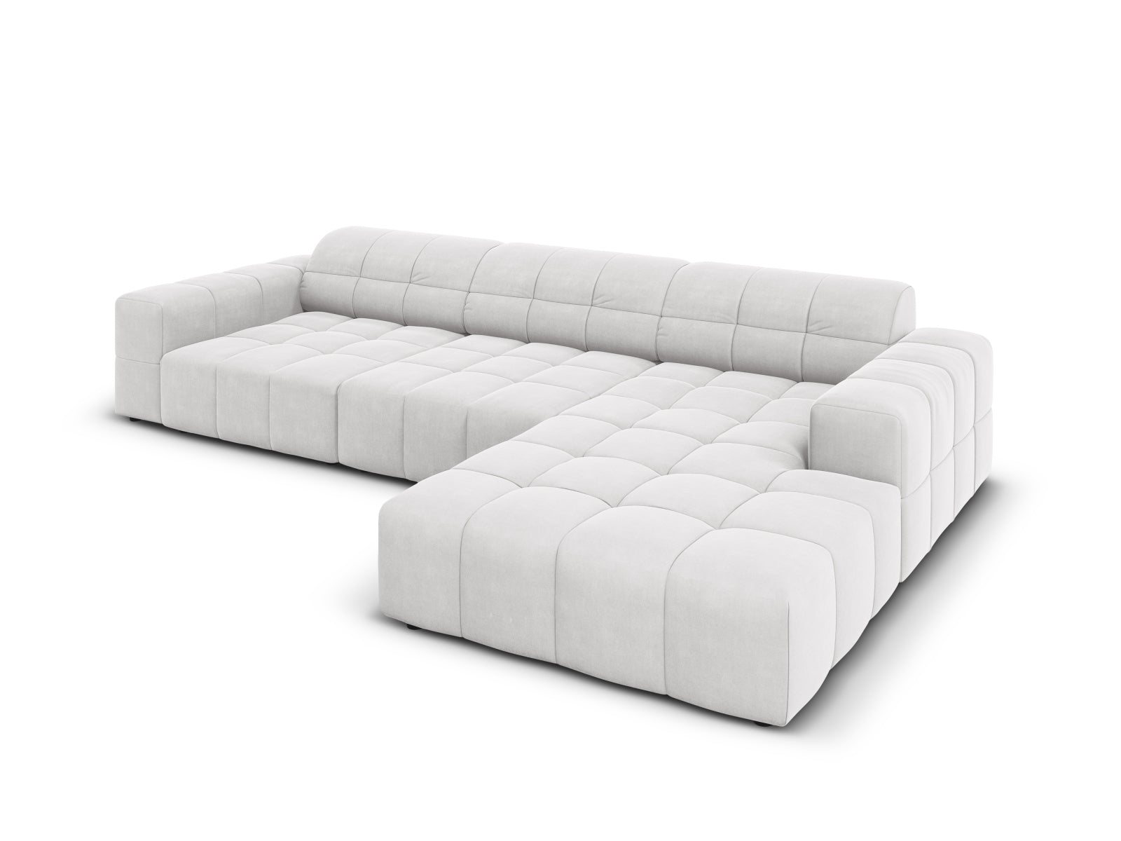 Modernes Chicago Velour Ecksofa in edlem Silber-Blau, 4-Sitzer, 166 cm, perfekt für gemütliche und stilvolle Wohnambiente.