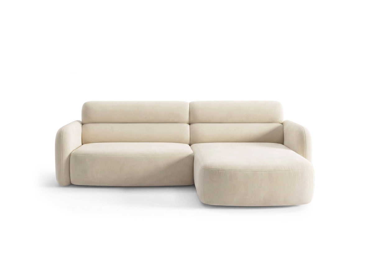 Ecksofa rechts Malmo in Beige mit Bluvel-Bezug, Récamiere rechts und schwarzen Beinen