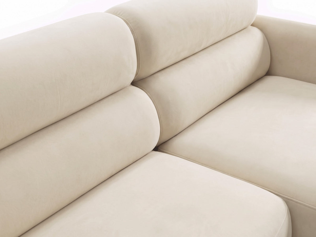 Ecksofa rechts Malmo in Beige mit Bluvel-Bezug, Récamiere rechts und schwarzen Beinen