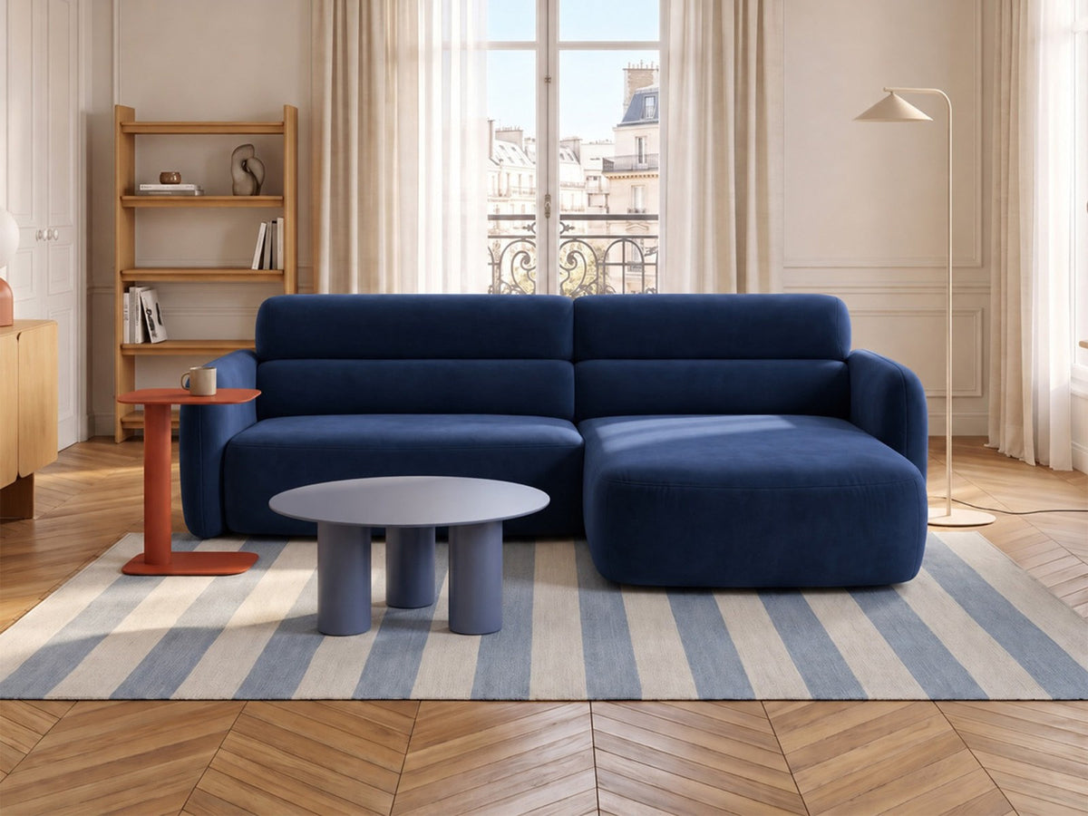 Ecksofa rechts Malmo in Beige mit Bluvel-Bezug, Récamiere rechts und schwarzen Beinen