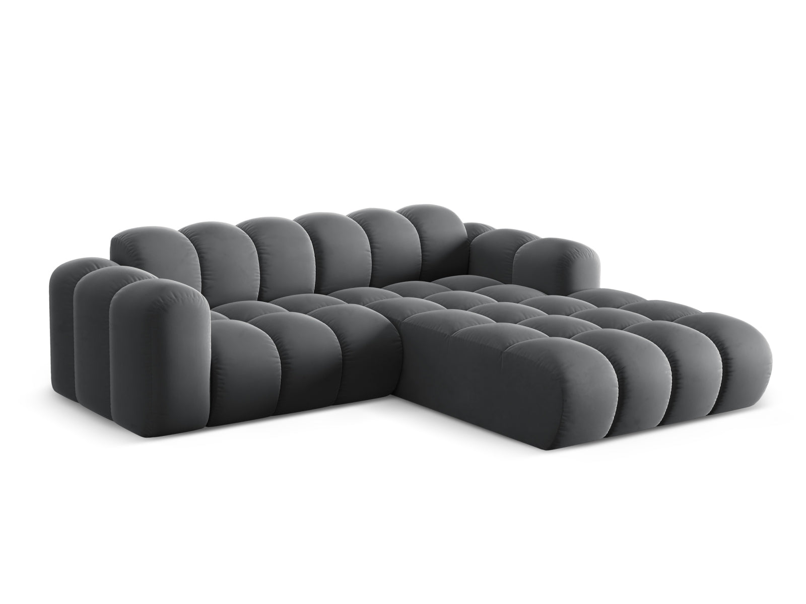 Elegantes 3-Sitzer Ecksofa Treno in stilvollem Grey-Bluvel, ideal für moderne Wohnräume, erhältlich bei KAQTU Design AG.