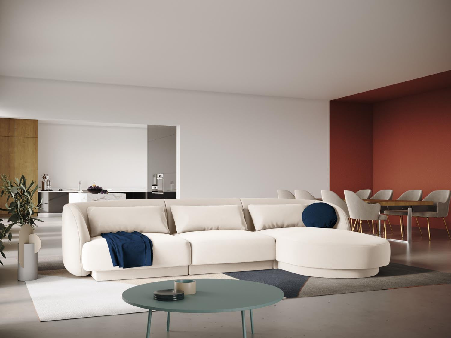 Entdecken Sie das elegante Tulum Velour Ecksofa rechts (156cm) von Cosmopolitan Design – ideal für Ihr stilvolles 4-Sitzer-Wohnzimmer.