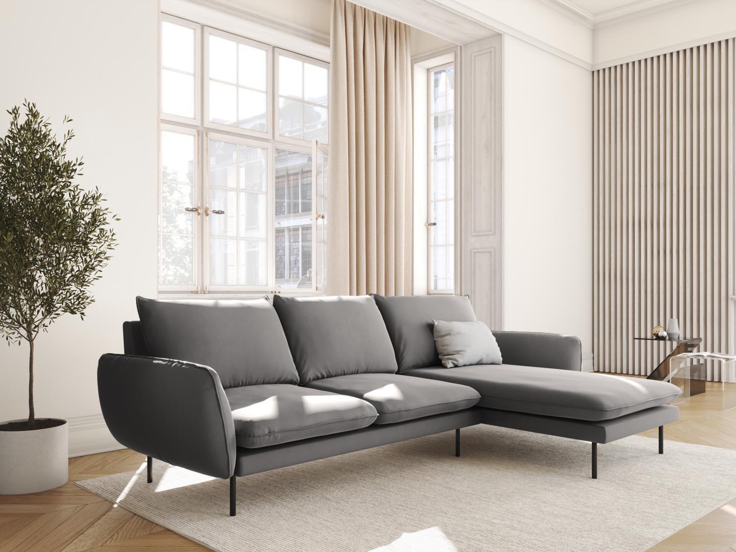 Elegantes Vienna Velour Ecksofa in Light Grey/Schwarz-Bluvel, ideal für stilvolle Wohnräume. Komfortables 5-Sitzer Design von Cosmopolitan Design.