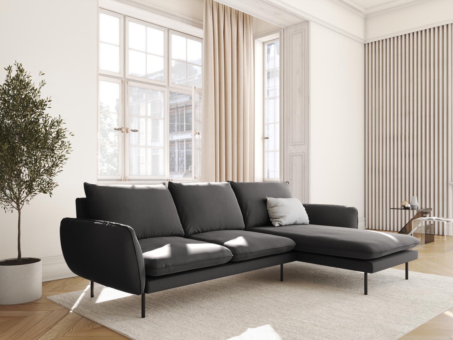 Elegantes Vienna Velour Ecksofa in Dunkelgrau, 5-Sitzer, ideal für stilvolle Wohnräume, präsentiert von Cosmopolitan Design.
