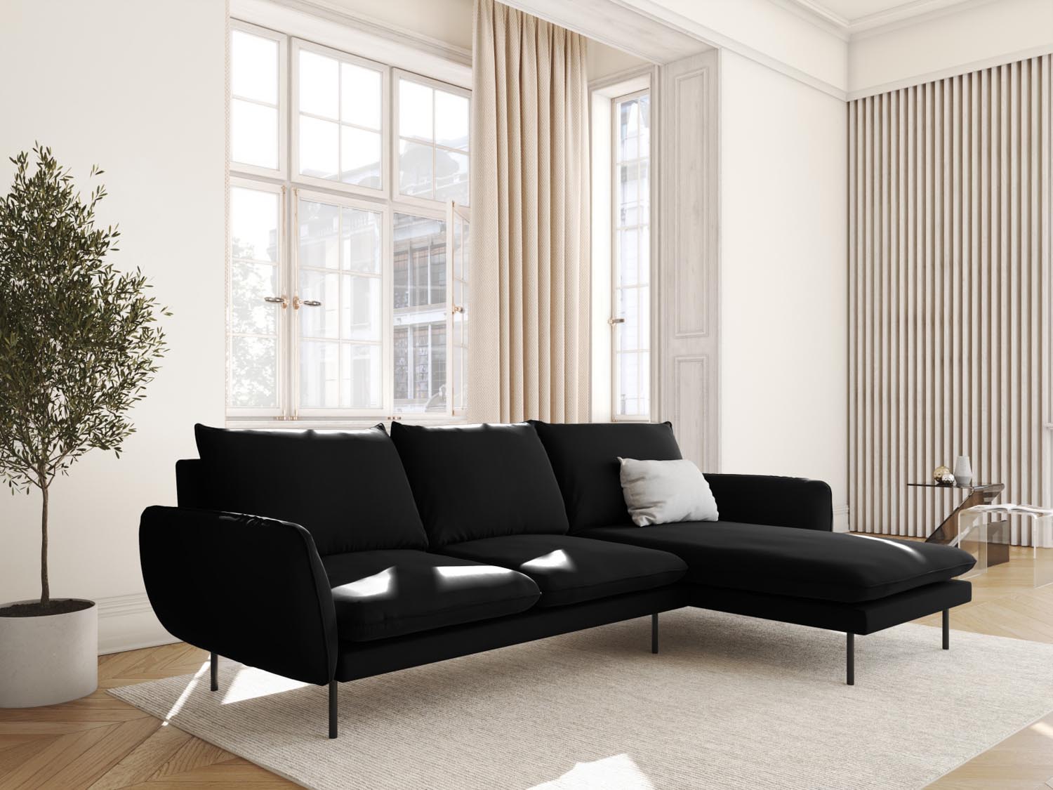 Elegantes Vienna Velour Ecksofa in Schwarz, 5-Sitzer, ideal für stilvolle Wohnräume, präsentiert von Cosmopolitan Design.