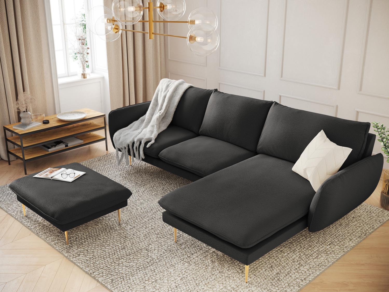 Elegantes Vienna Boucle Ecksofa in Schwarz und Gold, 5-Sitzer, 170 cm, ideal für stilvolle Wohnräume, präsentiert von Cosmopolitan Design.