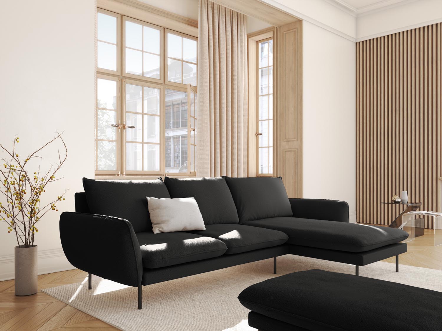 Elegantes Vienna Boucle Ecksofa in Schwarz, 5-Sitzer, ideal für stilvolle Wohnräume, präsentiert von Cosmopolitan Design.