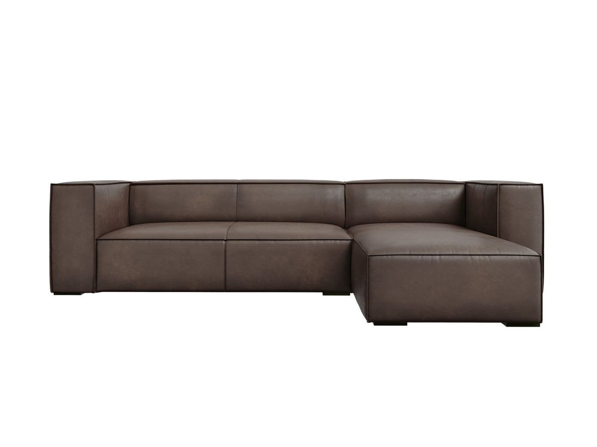 Braunes Ecksofa Turin mit Echtleder-Bezug, Massivholzrahmen und Beinen aus Buchenholz, rechte Ausführung mit fünf Sitzplätzen.