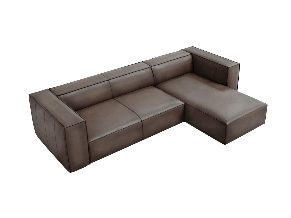 Braunes Ecksofa Turin mit Echtleder-Bezug, Massivholzrahmen und Beinen aus Buchenholz, rechte Ausführung mit fünf Sitzplätzen.