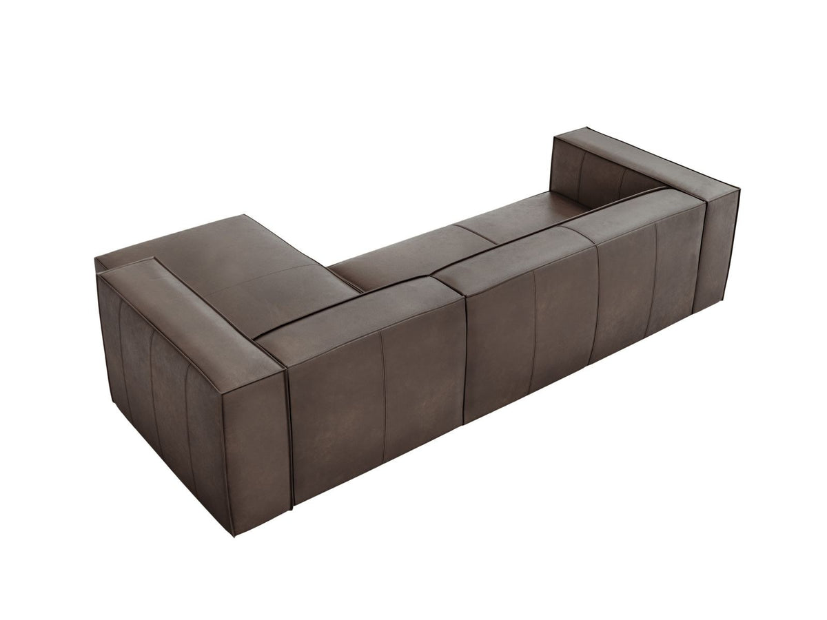 Braunes Ecksofa Turin mit Echtleder-Bezug, Massivholzrahmen und Beinen aus Buchenholz, rechte Ausführung mit fünf Sitzplätzen.