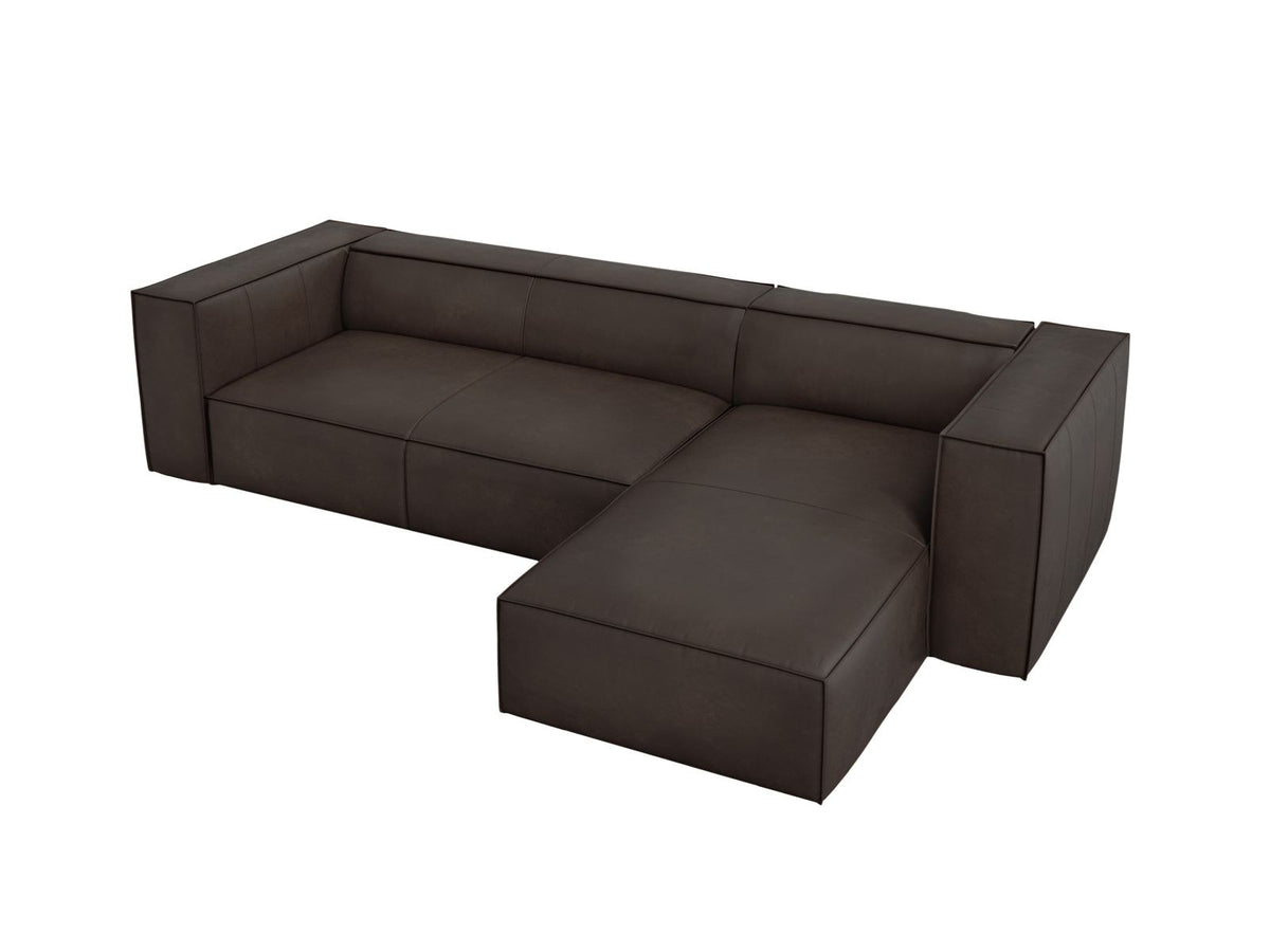 Braunes Ecksofa Turin mit Echtleder-Bezug, Massivholzrahmen und Beinen aus Buchenholz, rechte Ausführung mit fünf Sitzplätzen.