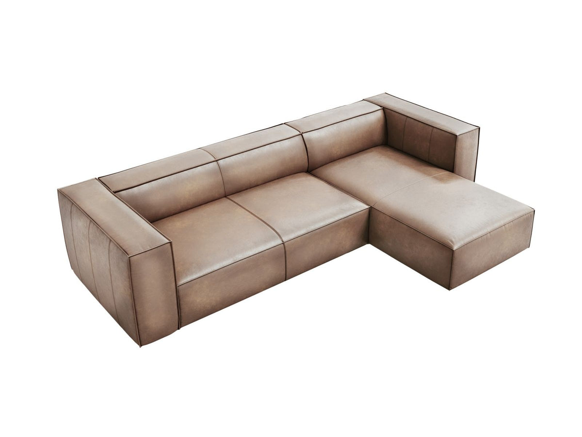 Braunes Ecksofa Turin mit Echtleder-Bezug, Massivholzrahmen und Beinen aus Buchenholz, rechte Ausführung mit fünf Sitzplätzen.