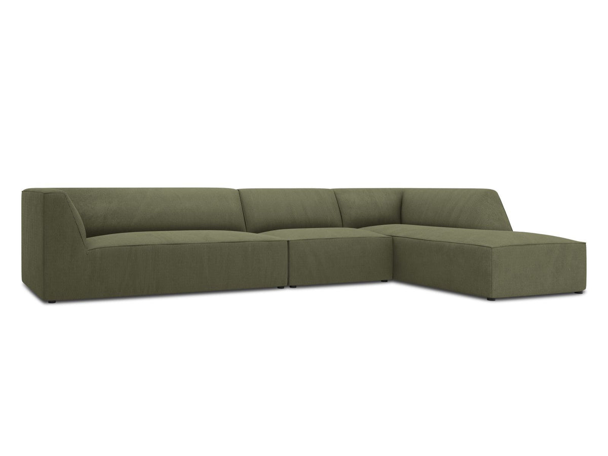 Modulares Ecksofa Siena in Light Beige-Scala mit Cordstoff-Bezug, schwarzen Kunststoffbeinen und Récamiere, 5-Sitzer Ausführung von Cosmopolitan Design.