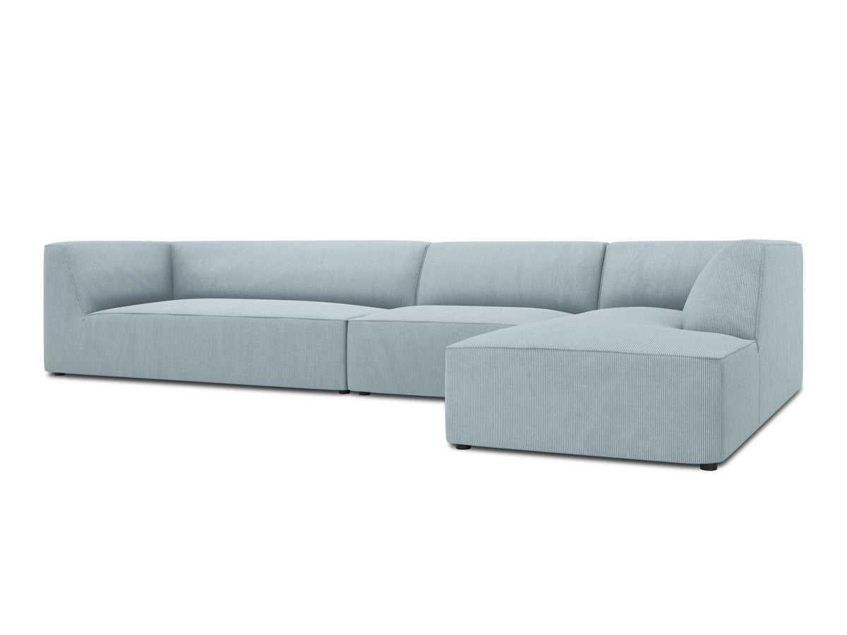 Modulares Ecksofa Siena in Light Beige-Scala mit Cordstoff-Bezug, schwarzen Kunststoffbeinen und Récamiere, 5-Sitzer Ausführung von Cosmopolitan Design.