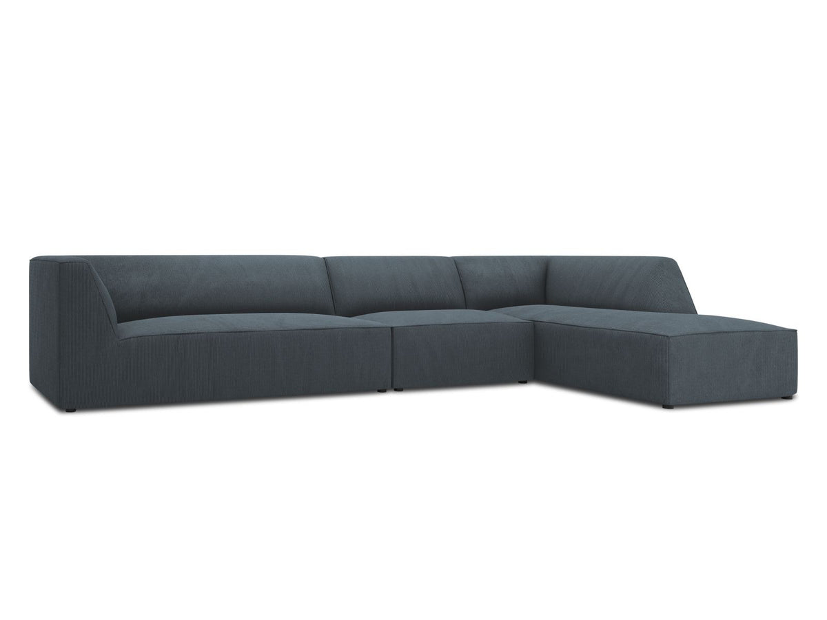 Modulares Ecksofa Siena in Light Beige-Scala mit Cordstoff-Bezug, schwarzen Kunststoffbeinen und Récamiere, 5-Sitzer Ausführung von Cosmopolitan Design.
