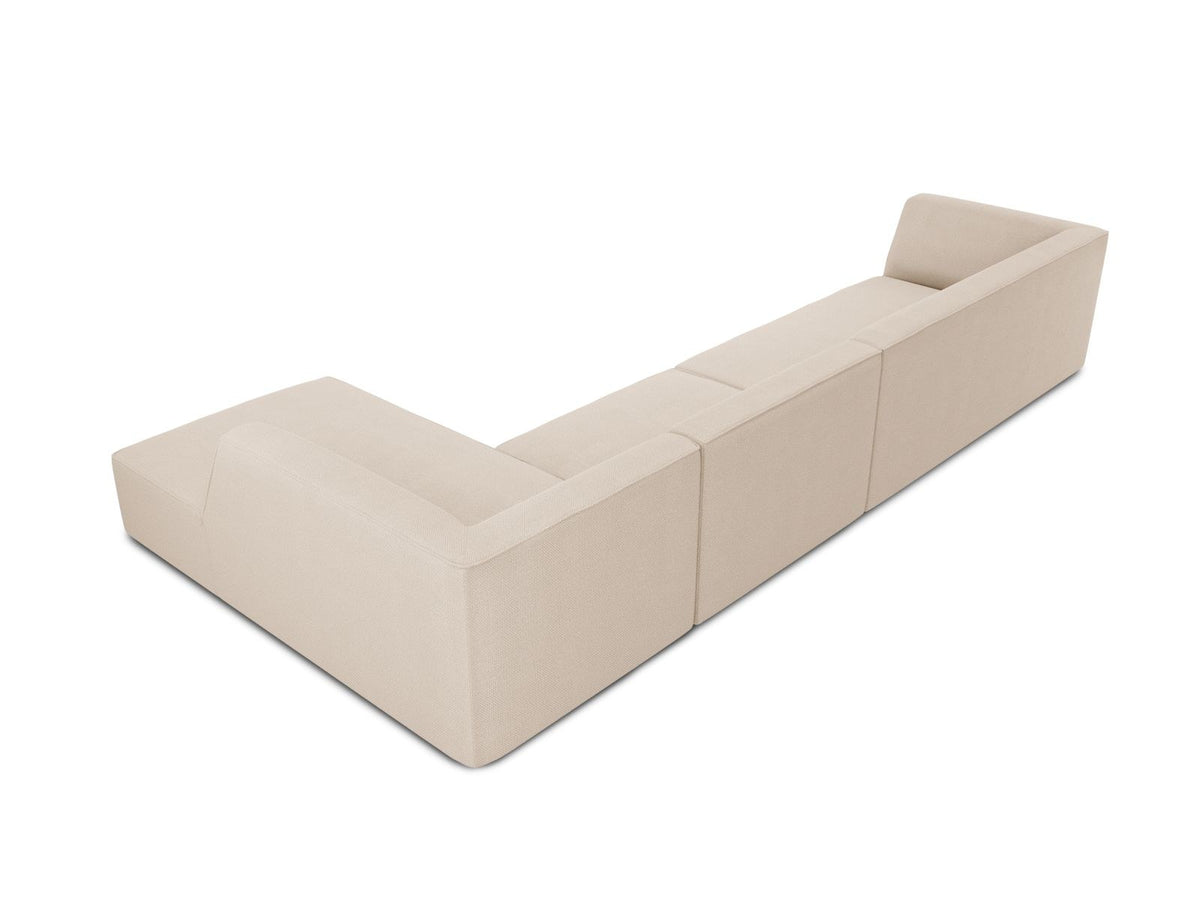 Modulares Ecksofa Siena in Light Beige-Scala mit Cordstoff-Bezug, schwarzen Kunststoffbeinen und Récamiere, 5-Sitzer Ausführung von Cosmopolitan Design.