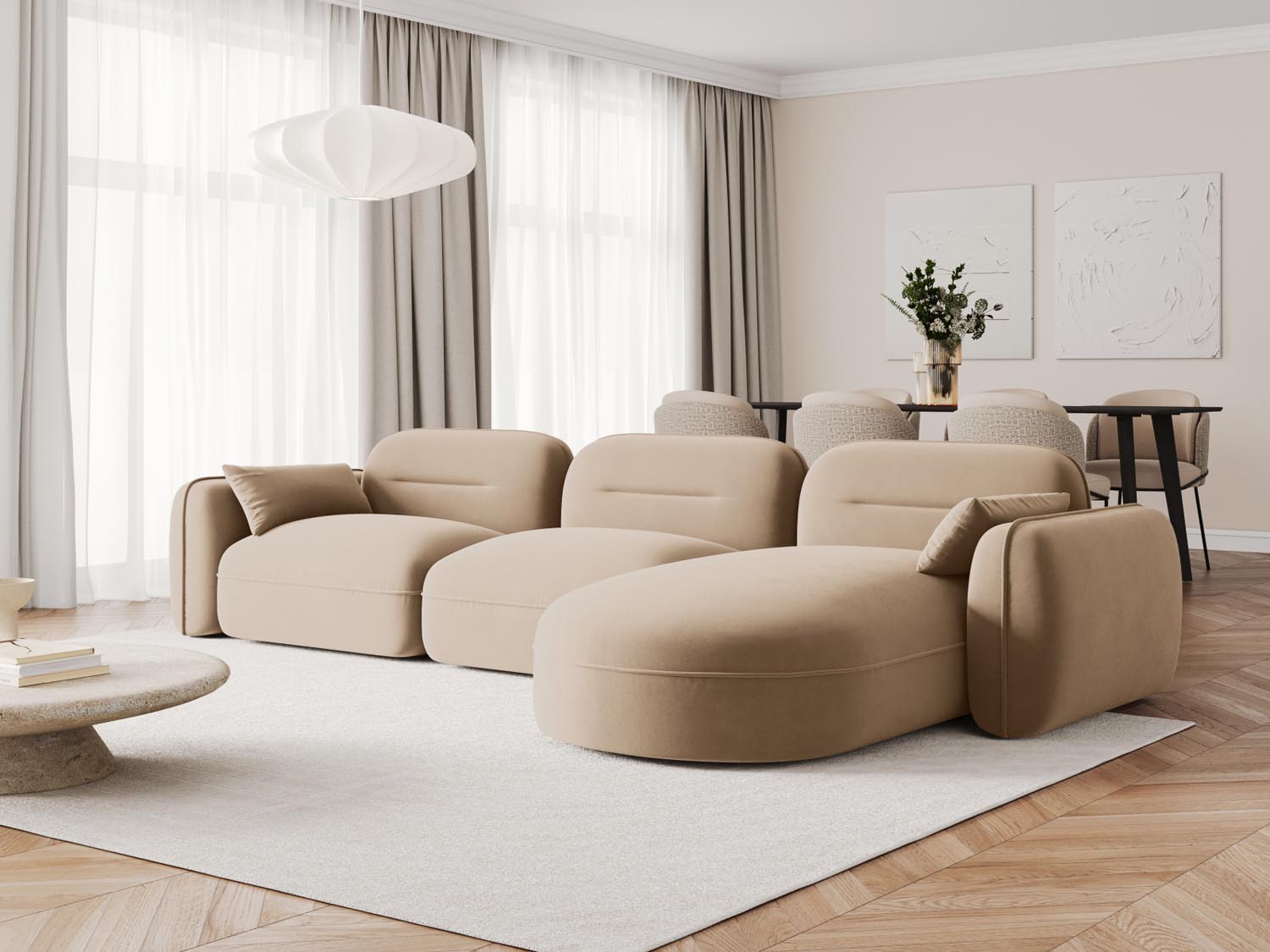 Elegantes Sydney Velour Ecksofa in Sand-Casino, ideal für stilvolle Wohnräume. Modular und komfortabel, perfekt für entspannte Abende.
