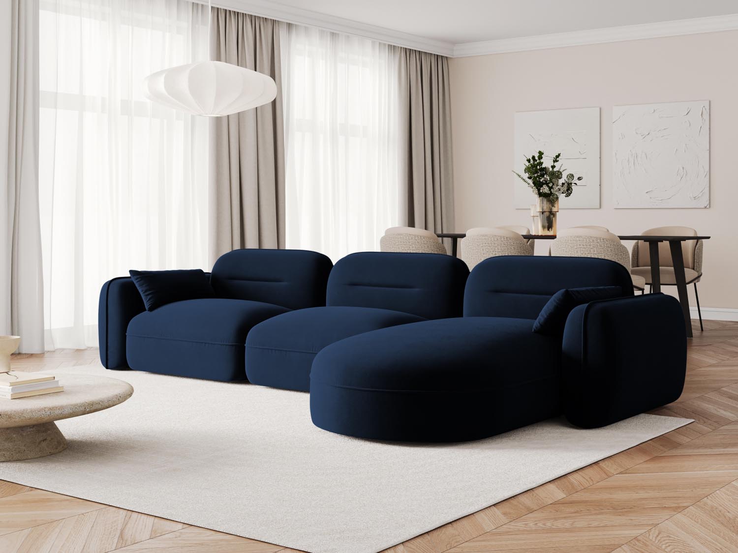 Elegantes Sydney Velour Ecksofa in Royal Blue, ideal für stilvolle Wohnräume. Modular und komfortabel, perfekt für entspannte Abende.