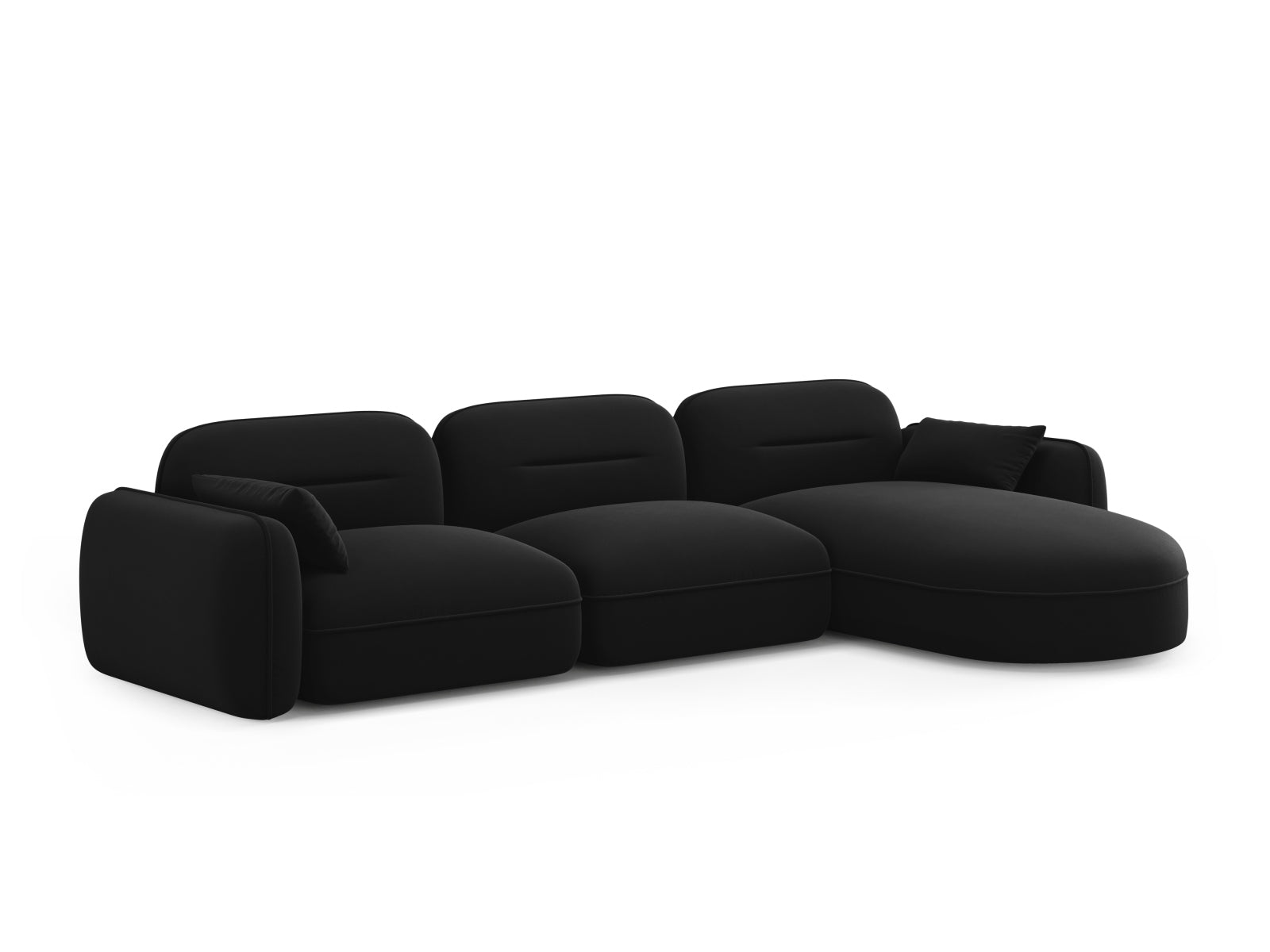 Modulares Ecksofa Sydney in edlem Velours, rechtsseitig, bietet modernen Komfort und stilvolle Akzente für jedes Wohnzimmer.