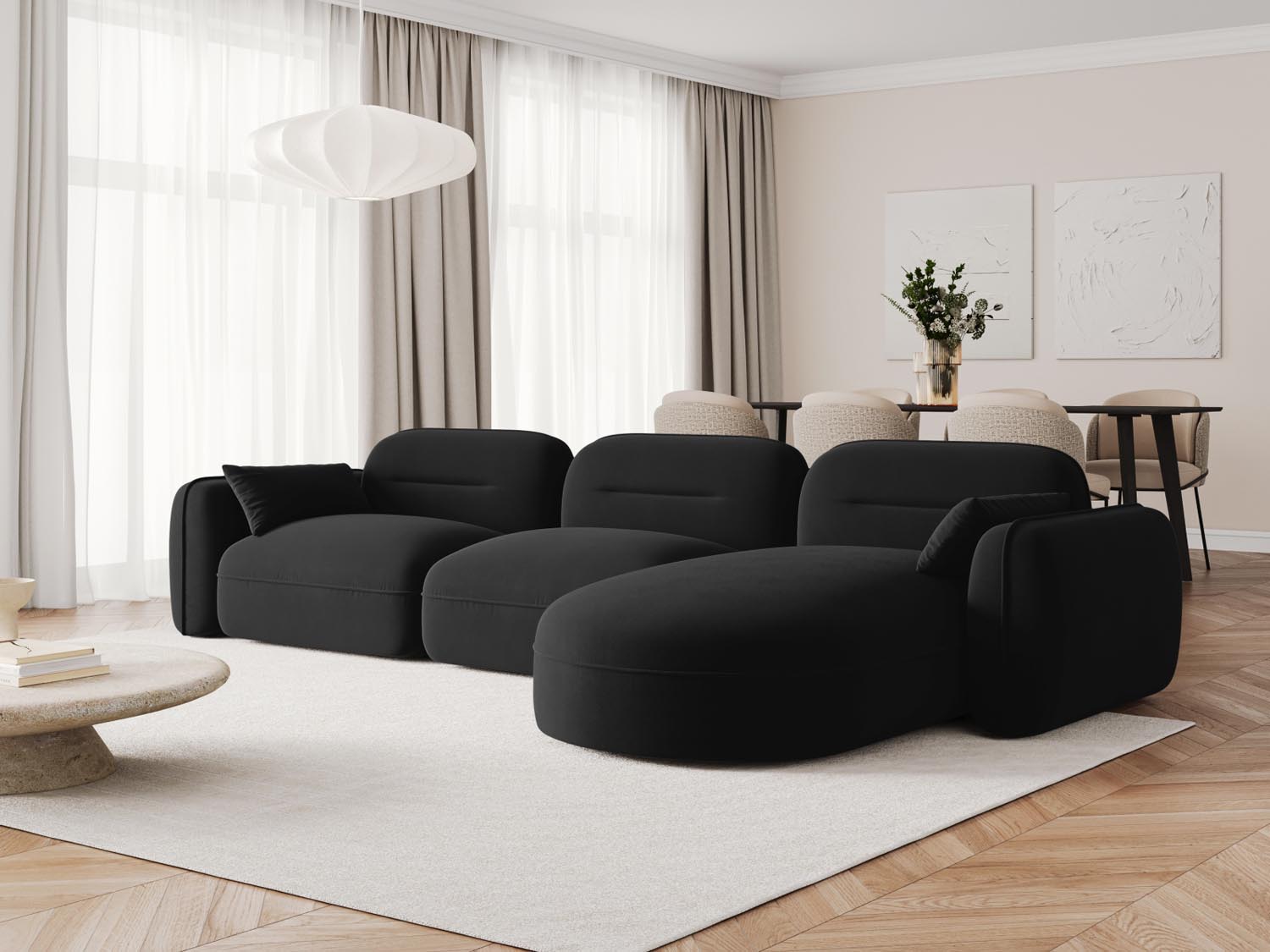 Elegantes Sydney Velour Ecksofa in Schwarz, ideal für stilvolle Wohnräume. Modular und komfortabel, perfekt für entspannte Abende.