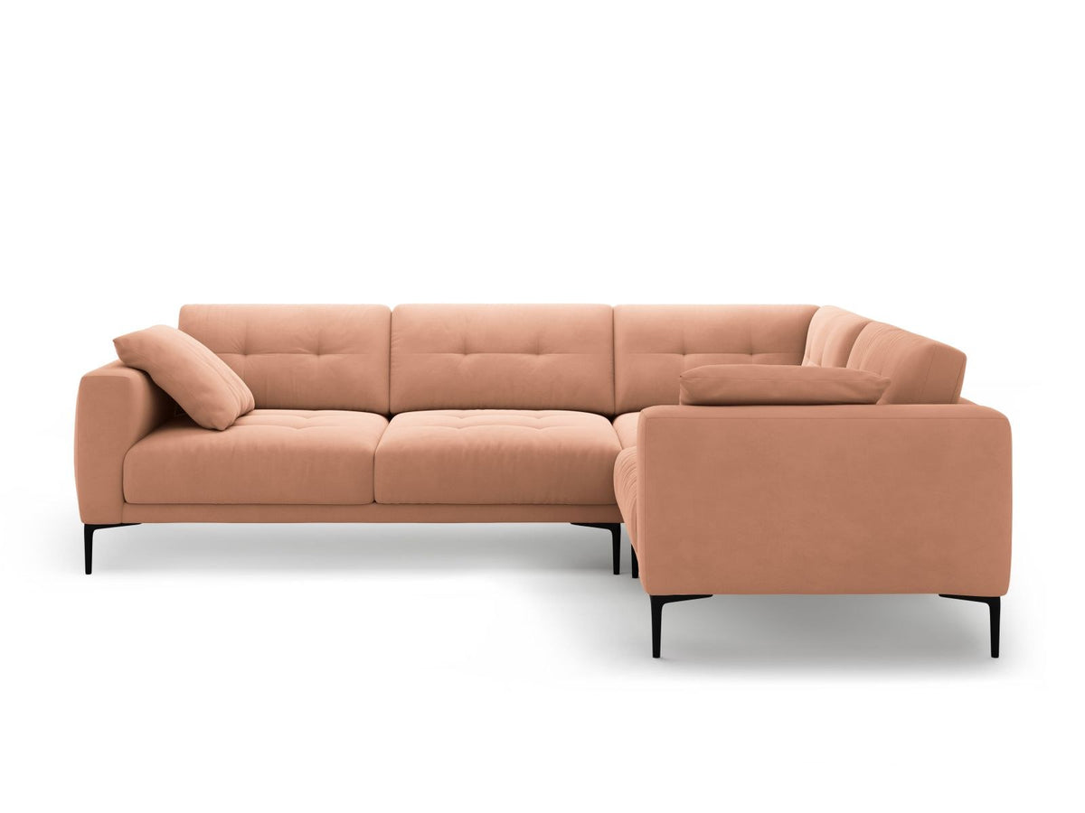 Beiges Samtsofa Lazio mit Récamiere rechts, schwarzen Metallbeinen und Massivholzrahmen, 4-Sitzer, 194 cm tief, von Cosmopolitan Design.
