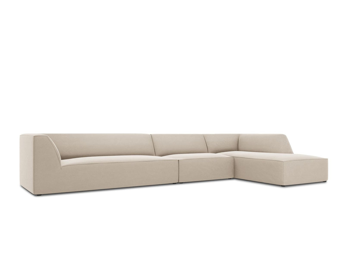Modulares Ecksofa rechts mit Samtbezug in Beige-Salvador, Récamiere, Massivholzrahmen und schwarzen Kunststoffbeinen, 5-Sitzer Ausführung.