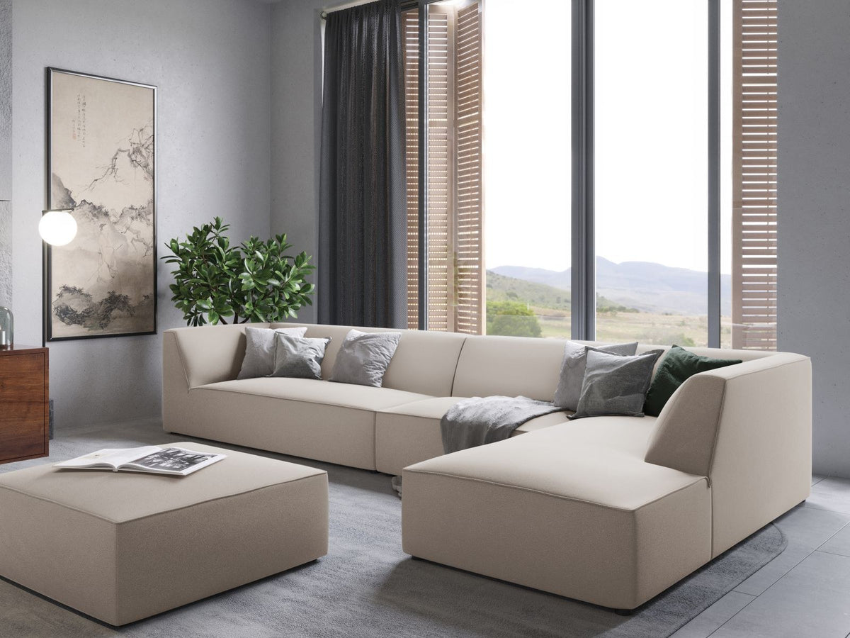 Modulares Ecksofa rechts mit Samtbezug in Beige-Salvador, Récamiere, Massivholzrahmen und schwarzen Kunststoffbeinen, 5-Sitzer Ausführung.