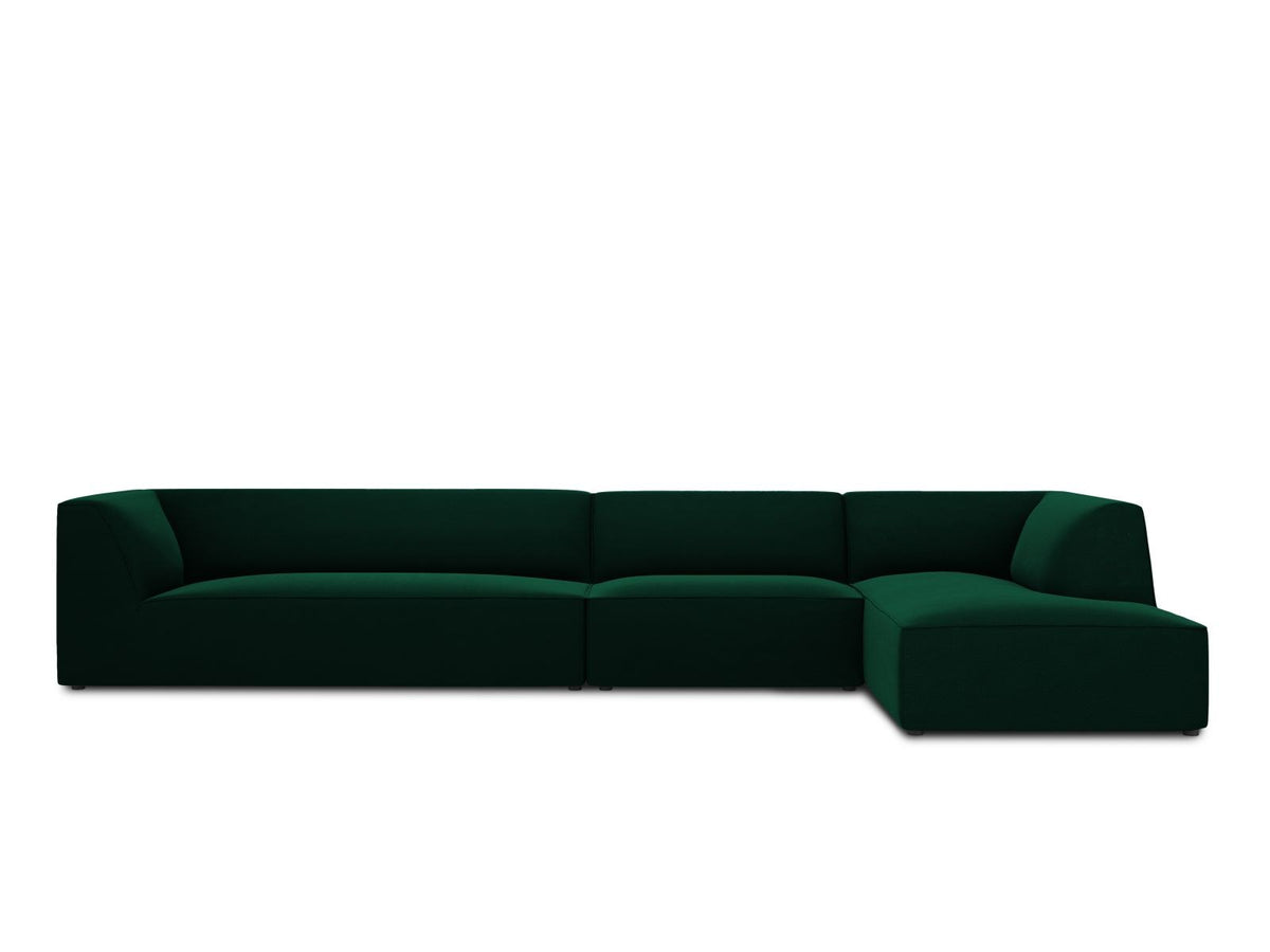Modulares Ecksofa rechts mit Samtbezug in Beige-Salvador, Récamiere, Massivholzrahmen und schwarzen Kunststoffbeinen, 5-Sitzer Ausführung.