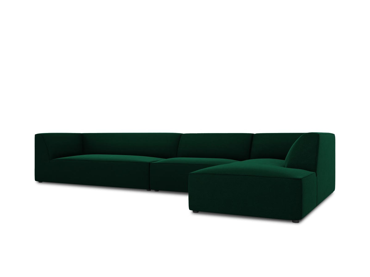 Modulares Ecksofa rechts mit Samtbezug in Beige-Salvador, Récamiere, Massivholzrahmen und schwarzen Kunststoffbeinen, 5-Sitzer Ausführung.