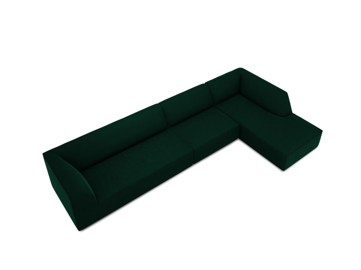 Modulares Ecksofa rechts mit Samtbezug in Beige-Salvador, Récamiere, Massivholzrahmen und schwarzen Kunststoffbeinen, 5-Sitzer Ausführung.