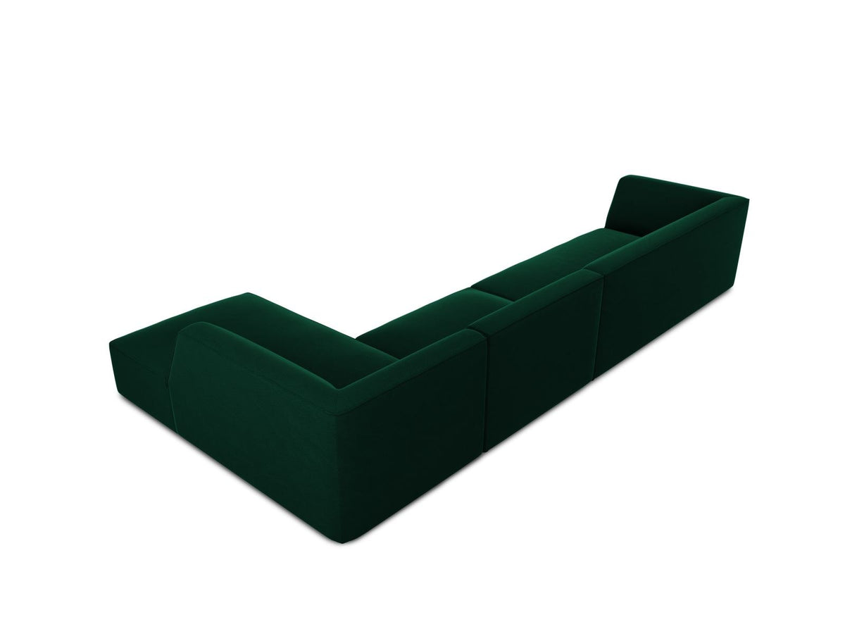 Modulares Ecksofa rechts mit Samtbezug in Beige-Salvador, Récamiere, Massivholzrahmen und schwarzen Kunststoffbeinen, 5-Sitzer Ausführung.
