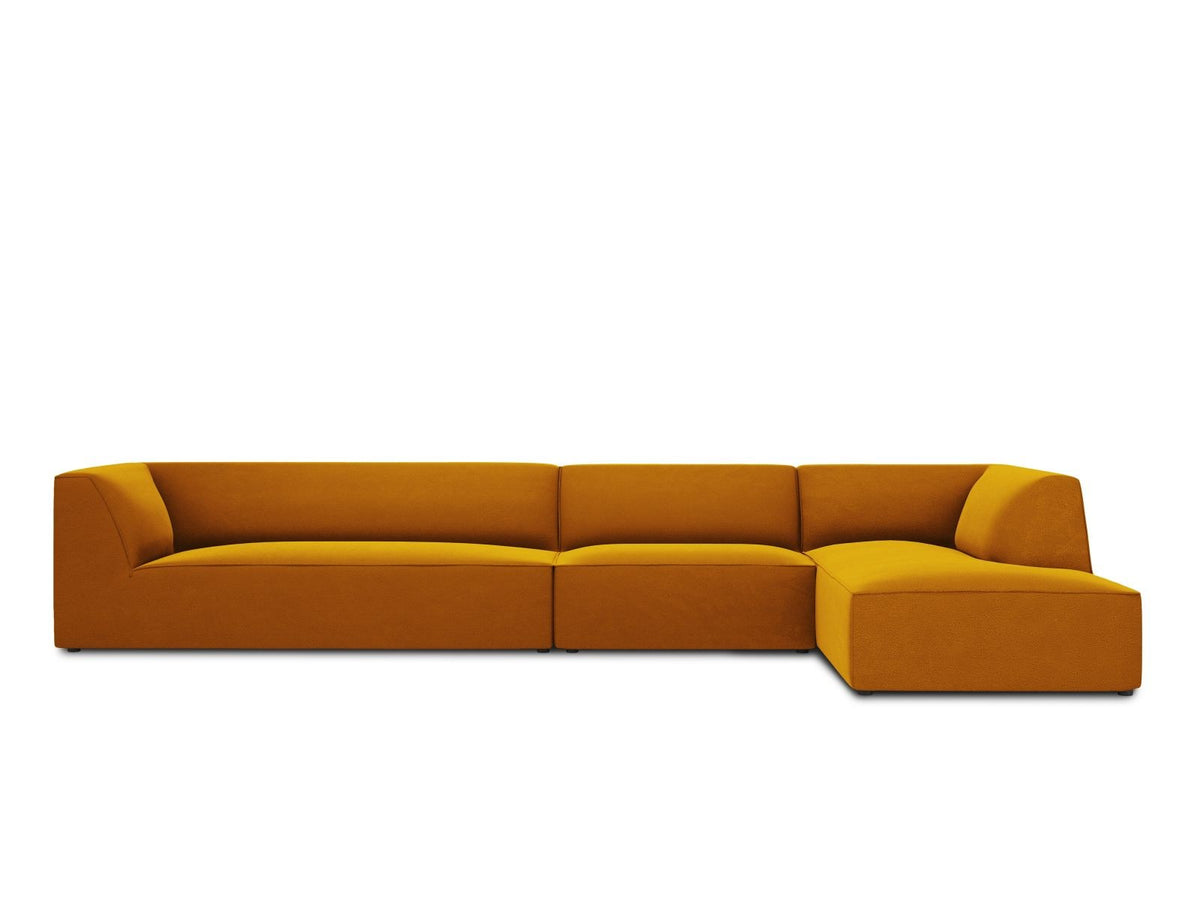Modulares Ecksofa rechts mit Samtbezug in Beige-Salvador, Récamiere, Massivholzrahmen und schwarzen Kunststoffbeinen, 5-Sitzer Ausführung.