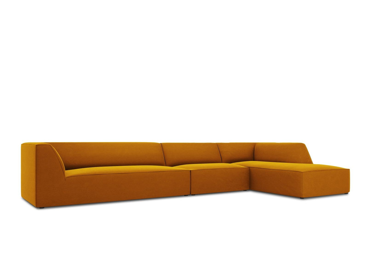 Modulares Ecksofa rechts mit Samtbezug in Beige-Salvador, Récamiere, Massivholzrahmen und schwarzen Kunststoffbeinen, 5-Sitzer Ausführung.