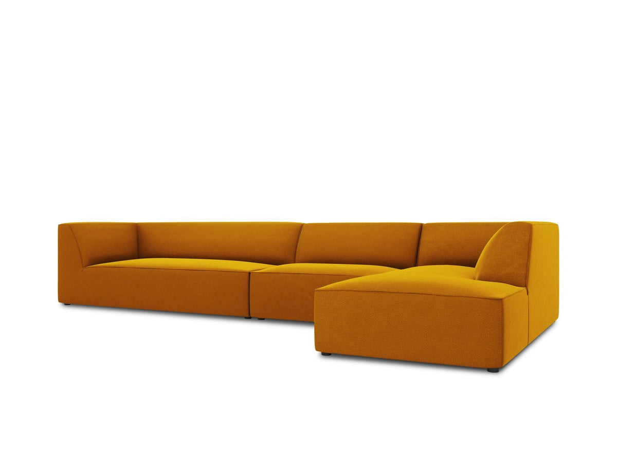 Modulares Ecksofa rechts mit Samtbezug in Beige-Salvador, Récamiere, Massivholzrahmen und schwarzen Kunststoffbeinen, 5-Sitzer Ausführung.