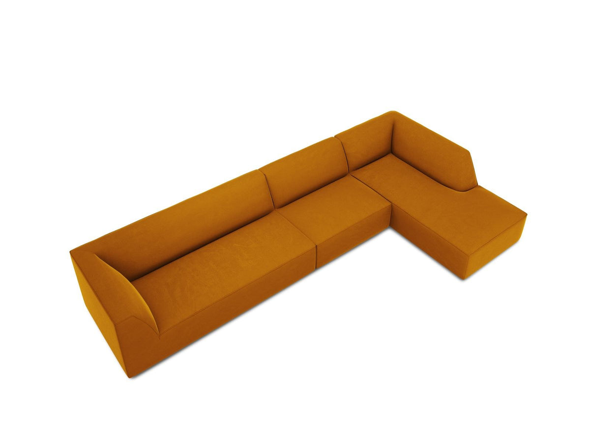 Modulares Ecksofa rechts mit Samtbezug in Beige-Salvador, Récamiere, Massivholzrahmen und schwarzen Kunststoffbeinen, 5-Sitzer Ausführung.